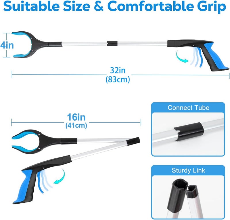 POPDA Grabber Reacher Tool - 32” Extra Long Foldable Gripper and Reaching Tool - Heavy Duty Pick Up Stick Grabbers for Seniors, Trash, Surgery Recovery Must Haves Gifts (Blue+Orange 2P) - Image 2